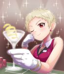  1girl blonde_hair cocktail_glass cup drinking_glass earrings foreshortening gloves highres holding holding_cup idolmaster idolmaster_cinderella_girls jewelry necktie one_eye_closed poker_chip red_eyes red_vest senzaki_ema seusu short_hair solo sparkle upper_body very_short_hair vest white_gloves 