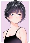  1girl black_camisole camisole collarbone looking_at_viewer original outside_border purple_background purple_eyes short_hair simple_background smile solo spaghetti_strap upper_body white_background yamanaka_kouji_(yanchiki2001) 