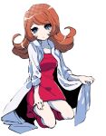  1girl blue_eyes coat dress highres kneeling koshianpancake long_hair mona_(warioware) orange_hair parted_lips red_dress red_footwear simple_background warioware white_background white_coat 