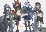  4girls almond_(arknights) animal_ears arknights arms_up black_coat black_hair black_shorts black_skirt black_thighhighs blue_skirt brown_hair cat_ears clothes_lift coat commentary fox_ears fox_tail franka_(arknights) green_shirt grey_background grey_hair grey_shirt horns jessica_(arknights) lifted_by_self liskarm_(arknights) long_hair long_sleeves looking_at_viewer midriff miniskirt mitsuoni_souda mouth_hold multiple_girls navel open_clothes open_coat shirt shirt_lift shoes shorts simple_background skirt sneakers stomach tail thighhighs very_long_hair visor_cap yellow_eyes 