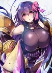  bare_shoulders breasts cleavage fate/extra fate/extra_ccc fate/grand_order fate_(series) hair_ribbon hirai_yuzuki huge_breasts long_hair looking_at_viewer passion_lip pink_eyes purple_eyes purple_hair ribbon very_long_hair 