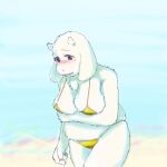 2024 anthro beach bikini blurred_background blush boss_monster_(undertale) bovid breasts caprine clothing embarrassed female fur goat gold_bikini hi_res komm64 mammal seaside solo swimwear toriel undertale_(series) white_body white_fur