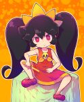  1girl ashley_(warioware) big_hair black_hair dress fang frown hairband highres holding mary_janes on_table orange_background orange_hairband orange_trim outline red_dress red_eyes red_footwear sakurabe_notos shoes sitting skull_brooch sleeveless sleeveless_dress solo spread_legs table tablecloth twintails wand warioware white_outline 