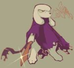 2024 anthro barefoot canid canine cape cave_story clothing feet fox fur half-closed_eyes hi_res holding_melee_weapon holding_object holding_sword holding_weapon king_(cave_story) lagomorph male mammal melee_weapon mimiga narrowed_eyes nik000ooo purple_cape purple_clothing serious signature simple_background solo sword toes weapon white_body white_fur