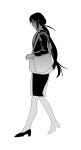  1girl absurdres alternate_costume bag carrying_bag closed_mouth expressionless greyscale high_heels highres hogi_(user_kvsm8422) inabakumori jitome long_hair long_sleeves low_twintails monochrome osage_(nukunuku_nigirimeshi) shirt simple_background skirt solo twintails walking white_background 