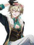  1boy aqua_shirt aventurine_(honkai:_star_rail) black_gloves blonde_hair clothing_cutout collared_shirt fur_trim gloves hair_between_eyes highres honkai:_star_rail honkai_(series) looking_at_viewer male_focus multicolored_eyes pectoral_cleavage pectorals sena_iroiro shirt short_hair solo tongue tongue_out two-tone_eyes white_background 