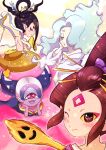  4girls aqua_hair bare_back bare_shoulders black_eyes black_hair blush breasts colored_sclera colored_skin cyclops en&#039;enra enraenra_(youkai_watch) fujimi_gozen fuumin_(youkai_watch) hair_horns hair_ornament hair_over_one_eye hand_on_own_face hands_on_own_face highres japanese_clothes kanzashi kimono long_hair looking_at_viewer looking_back mermaid monster_girl multiple_girls off_shoulder oiran one-eyed one_eye_closed open_mouth pink_eyes pointy_ears purple_skin shiragi_(user_gdez2277) smile staff traditional_youkai white_hair yaobikuni_(youkai_watch) yellow_sclera youkai_(youkai_watch) youkai_watch 