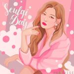  1girl anajuise animification artist_name brown_hair character_name circle closed_mouth commentary_request earrings eyeliner jacket jewelry k-pop long_hair looking_at_viewer makeup pink_jacket pink_lips pink_nails pink_theme real_life red_velvet_(group) seulgi_(red_velvet) sitting solo 
