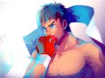  blue_eyes blue_hair boxer boxing_gloves commentary hajime_no_ippo kyosuke makunouchi_ippo male_focus shirtless solo sweat 