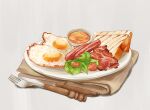  bacon bread bread_slice egg_(food) food food_focus fork fried_egg knife myrdcs napkin no_humans original plate sausage still_life toast white_background 