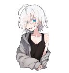  ahoge azuma_shino black_tank_top blue_eyes blush eyes_visible_through_hair fang flat_chest grey_hoodie heterochromia hood hoodie nowareno_(azuma_shino) open_mouth original pointy_ears short_bangs slit_pupils solo tank_top white_background white_hair 