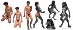  2018 5_fingers 6_breasts anthro beard black_hair blizzard_entertainment borsmenta breast_growth breasts butt canid claws digitigrade facial_hair female fingers fur gender_transformation genitals grey_body grey_fur growth hair hi_res human human_to_anthro kneeling looking_up male mammal mtf_transformation multi_breast multi_breast_growth nipples nude penis pussy smile solo species_transformation standing tail tail_growth transformation warcraft were werecanid worgen 