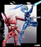  2girls 30_minutes_missions absurdres assassin_silver bayonet black_border blue_eyes blue_hair border breasts dual_wielding exm-h15a_acerby_type-a exm-h15b_acerby_type-b glowing gun highres holding holding_gun holding_sword holding_weapon looking_at_viewer mecha medium_breasts multiple_girls on_one_knee open_hand outside_border pink_hair ponytail red_eyes robot science_fiction standing standing_on_one_leg sword twintails weapon 