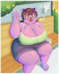  2024 anthro bench big_breasts bottomwear bracelet breasts catty_(undertale) clothing cutoffs denim denim_bottomwear denim_clothing domestic_cat fangs felid feline felis female footwear fur gesture hi_res huge_breasts jewelry looking_at_viewer mammal necklace on_bench overweight overweight_anthro overweight_female purple_body purple_fur sandals shorts sitting sitting_on_bench solo sunilasu teeth undertale_(series) waving waving_at_viewer 