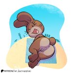  2024 3_toes anus beach beach_towel beach_umbrella black_eyes brown_body brown_fur colored el_senor_erizo eyelashes feet female fluffy fluffy_tail fur genitals hi_res lagomorph leporid looking_at_viewer mammal mr_harinezumi nude nude_female open_mouth open_smile parasol patreon patreon_logo pink_nose pussy rabbit sand shaded simple_background smile solo spanish_description tail tan_body tan_fur textless toes tongue towel tuzi_(el_senor_erizo) 