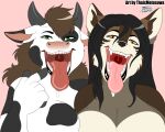  2020 absurd_res alst anthro bodily_fluids bovid bovine canid canine canis cattle duo female female/female hi_res horn mammal mawplay mexican_wolf mouth_shot open_mouth saliva saliva_on_tongue smile teeth thaismotosuwa tongue tongue_out vore wolf 