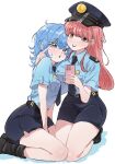  2girls arm_between_legs asahina_yuni black_footwear blue_eyes blue_hair blue_shirt blue_skirt boots breasts cellphone commentary hair_between_eyes hashtag-only_commentary hat highres holding holding_phone kyou_wa_kanojo_ga_inai_kara large_breasts long_hair looking_at_viewer medium_breasts medium_hair multiple_girls open_mouth phone pink_eyes pink_hair police police_hat police_uniform policewoman rorol_reime seiza selfie shirt short_sleeves sidelocks simple_background sitting skirt smartphone taki_fuuko uniform white_background wolf_cut 