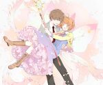  1boy 1girl antenna_hair boots brown_hair cardcaptor_sakura carrying cherry_blossoms closed_eyes collared_dress collared_shirt couple dress frilled_dress frills full_body hetero highres holding holding_wand jacket kinomoto_sakura li_syaoran necktie open_clothes open_jacket open_mouth petals princess_carry rii2a77ru shirt short_hair smile suit wand 