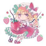  1girl ascot bat_wings blonde_hair chibi crystal flandre_scarlet food fruit hat hat_ribbon heart hiyuu_(hiyualice) holding laevatein_(touhou) mob_cap multicolored_wings one_side_up puffy_short_sleeves puffy_sleeves red_eyes red_footwear red_skirt red_vest ribbon short_sleeves side_ponytail skirt skirt_set solo strawberry touhou vest white_hat wings yellow_ascot 
