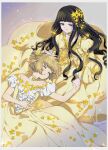  2girls black_hair brown_hair cardcaptor_sakura closed_eyes daidouji_tomoyo dress hair_ornament highres holding_hands kinomoto_sakura long_hair looking_at_another multiple_girls rii2a77ru short_hair sleeping smile sparkle star_(symbol) star_hair_ornament star_ornament yellow_dress yellow_nails 