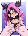  1girl bra breasts candy food hair_horns hair_through_hood han_juri highres lollipop looking_at_viewer lord_guyis multicolored_hair navel official_alternate_costume onesie open_mouth open_pajamas pajamas panties pink_pajamas solo street_fighter street_fighter_6 underwear unzipped 