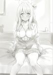  1girl arm_support blue_archive blush bow breasts cardigan cleavage collared_shirt dress_shirt feet_out_of_frame folded_ponytail greyscale hair_bow halo highres lanyard long_hair looking_at_viewer minase_shuu monochrome nonomi_(blue_archive) on_bed open_cardigan open_clothes open_shirt partially_unbuttoned plant pleated_skirt potted_plant school_uniform shirt sitting skirt smile solo sweat 