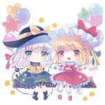  2girls ascot balloon bat_wings black_hat blonde_hair blouse bow buttons chibi crystal diamond_button eyeball flandre_scarlet frilled_shirt_collar frilled_sleeves frills green_hair green_skirt hat hat_bow hat_ribbon heart heart_of_string hiyuu_(hiyualice) komeiji_koishi mob_cap multicolored_wings multiple_girls one_side_up open_mouth puffy_short_sleeves puffy_sleeves red_eyes red_skirt red_vest ribbon shirt short_sleeves side_ponytail skirt skirt_set star_(symbol) touhou vest white_background white_hat wide_sleeves wings yellow_ascot yellow_bow yellow_ribbon yellow_shirt 