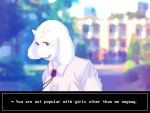  2022 anthro blurred_background blush bolo_tie boss_monster_(undertale) bovid caprine dialogue english_text fake_game fake_screencap female fur goat komm64 mammal red_eyes solo text text_box toriel undertale_(series) white_body white_fur 