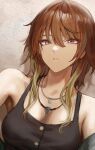  1girl :o aketa_mikoto armpit_crease armpits bare_shoulders black_shirt breasts brown_hair gradient_hair hair_between_eyes highres idolmaster idolmaster_shiny_colors jewelry light_brown_hair looking_at_viewer medium_breasts multicolored_hair necklace shirt sleeveless sleeveless_shirt solo upper_body vang_09 