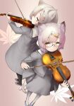  2girls :3 animal_ear_fluff animal_ears autumn_leaves black-framed_eyewear black_pantyhose blush braid cat_ears cat_girl cat_tail commentary_request from_above glasses green_eyes grey_hair grey_jacket grey_skirt hair_ornament highres holding holding_instrument holding_violin instrument intertwined_tails jacket looking_at_viewer mozu_(peth) multiple_girls musical_note musical_note_hair_ornament open_clothes open_jacket original pantyhose short_hair skirt slit_pupils smile tail treble_clef twin_braids violin white_pantyhose yellow_eyes 