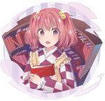  :o apron asa_(coco) bell book book_hug bookshelf checkered checkered_kimono checkered_shirt clothes_writing commentary_request forbidden_scrollery hair_bell hair_ornament holding holding_book japanese_clothes jingle_bell kimono looking_at_viewer motoori_kosuzu open_mouth red_eyes red_hair shirt short_hair solo touhou two_side_up 