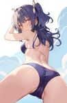  1girl ass back bare_shoulders bikini black_hair blue_bikini blush breasts brown_eyes cameltoe closed_mouth from_behind frown hair_ribbon highres long_hair looking_at_viewer looking_back open_mouth original ribbon rikudou_inuhiko shoulder_blades solo spread_legs swimsuit two_side_up 