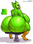  2024 anthro artist_name avian beak big_breasts big_butt bird breasts butt cellulite chair duo_(duolingo) duolingo feathers feet female furniture green_body green_feathers hi_res huge_breasts huge_butt hyper hyper_breasts hyper_butt kobu_art looking_at_viewer mascot on_chair one_eye_obstructed overweight overweight_anthro overweight_female owl signature sitting sitting_on_chair solo talons toes 