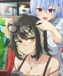  2girls adjusting_another&#039;s_eyewear bare_shoulders black-framed_eyewear black_bra black_hair blonde_hair blue_hair bra bra_strap breasts cat-shaped_eyewear cleavage collarbone ear_piercing earrings expressionless glasses grey_sweater haigyo highres idolmaster idolmaster_shiny_colors ikaruga_luca indoors jewelry looking_at_another multicolored_hair multiple_girls necklace off_shoulder piercing sideways_glance smile streaked_hair suzuki_hana sweater two-tone_hair underwear 