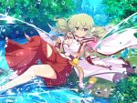  1girl bell blonde_hair blush breasts bush capelet crown detached_sleeves dolphin dual_wielding firing firing_at_viewer forest frown grass hair_between_eyes hair_ornament hair_ribbon hakama high_collar hip_vent holding japanese_clothes jingle_bell kafuru_(senran_kagura) kimono looking_at_viewer low_twintails medium_breasts midair mini_crown mirror nature nontraditional_miko official_alternate_costume official_art plant purple_eyes red_hakama ribbon ribbon-trimmed_kimono ribbon-trimmed_sleeves ribbon_trim river rock senran_kagura senran_kagura_estival_versus senran_kagura_new_link shiny_skin sideboob solo splashing tailcoat torn_clothes torn_hakama torn_kimono tree twintails v-shaped_eyebrows water water_gun white_capelet white_footwear white_ribbon yaegashi_nan 