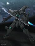  absurdres artist_name assault_visor gun hattorin highres holding holding_gun holding_sword holding_weapon mecha muv-luv muv-luv_alternative night night_sky no_humans robot sky solo sword tactical_surface_fighter type_94_shiranui weapon 