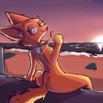 anthro beach bikini bikini_bottom blue_eyes canid canine clothing diane_foxington dreamworks female fox hi_res holding_bikini_bottom la_luxo looking_back mammal nude open_mouth sand sea sitting sky smug_face solo stairs sunset swimwear tail tail_on_ground the_bad_guys water