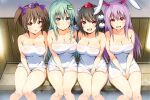  4girls alternate_costume animal_ears bare_shoulders black_hair blush breasts brown_eyes brown_hair cleavage closed_mouth collarbone commentary_request frog_hair_ornament green_eyes green_hair hair_ornament hair_tubes hat highres himekaidou_hatate kochiya_sanae kyanta5354 long_hair looking_at_viewer multiple_girls naked_towel open_mouth pom_pom_(clothes) purple_hair purple_hat rabbit_ears red_eyes red_hat reisen_udongein_inaba shameimaru_aya short_hair single_hair_tube sitting smile snake_hair_ornament thighs tokin_hat touhou towel twintails very_long_hair water 