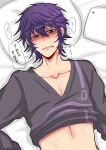  1boy absurdres bags_under_eyes black_shirt blush brown_eyes clenched_teeth clothes_lift collarbone commentary_request hair_between_eyes highres koruri456 ling_(mahjong_soul) long_bangs looking_down lying mahjong_soul male_focus messy_hair navel nose_blush on_back pillow purple_hair shirt shirt_lift short_hair solo sweat teeth translation_request upper_body 