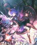  1girl ahoge ankle_boots bare_arms bare_shoulders black_gloves blue_eyes blue_hair boots breasts commentary_request crystal dress expressionless floating foot_out_of_frame gloves hair_between_eyes hair_ornament lace_trim mechanical_legs mikebosi multicolored_clothes official_art outstretched_arms purple_wings shadowverse short_dress short_hair single_bare_leg small_breasts spinaria_(shadowverse) thighlet watermark wings 