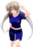  1girl blue_eyes blue_shirt blue_shorts blush breasts brown_hair closed_mouth corona_timir engo_(aquawatery) gym_uniform hair_ribbon long_hair looking_at_viewer lyrical_nanoha mahou_shoujo_lyrical_nanoha_vivid ribbon shirt shorts simple_background small_breasts smile solo twintails v white_background 