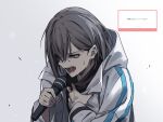  1girl bang_dream! bang_dream!_it&#039;s_mygo!!!!! black_shirt clutching_chest commentary_request crying crying_with_eyes_open grey_background grey_hair hair_behind_ear hair_between_eyes highres holding holding_microphone hood hooded_jacket jacket long_sleeves marshmallow_(site) microphone music open_clothes open_jacket open_mouth purple_eyes request_inset shirt short_hair singing solo sou_(kanade_3344) takamatsu_tomori tears teeth translation_request upper_body white_jacket 
