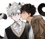  1blgs 2boys aged_down animal_ears black_eyes brown_hair brown_hoodie cat_boy cat_ears cat_tail child closed_eyes collared_shirt hair_between_eyes highres hood hoodie ilay_riegrow jeong_taeui male_focus multiple_boys passion_(manhwa) shirt short_hair simple_background snow_leopard_tail surprised sweater_vest tail tan upper_body white_background white_hair white_shirt yaoi 