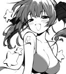  1girl :d bad_id bikini blush breasts cleavage fang hair_ribbon highres hololive houshou_marine large_breasts looking_at_viewer medium_hair monochrome open_mouth ribbon simple_background skin_fang smile solo star_(symbol) swimsuit take_shinobu twintails upper_body 