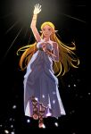  1girl absurdres arm_up bare_shoulders black_background blonde_hair bracelet closed_mouth dress english_commentary full_body highres jewelry long_dress long_hair looking_to_the_side looking_up oratoza pointy_ears princess_zelda sandals sleeveless sleeveless_dress solo sparkle the_legend_of_zelda thick_eyebrows white_dress 