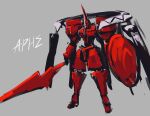  152_in_can 1boy absurdres ares_(fate) armor fate/grand_order fate_(series) greek_text highres horns humanoid_robot joints mechanical_arms mechanical_legs red_armor robot robot_joints shield single_horn sword unfinished weapon 