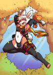 absurd_res anthro barefoot blush bulge clothing feet femboy hair hi_res jumping knife lagomorph leporid loot male mammal midriff rabbit scarf shinlalala solo stirrup_legwear thief thong underwear white_hair yellow_eyes