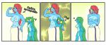 abs anthro areola big_breasts black_eyes blue_areola blue_body blue_nipples blue_scales blush blush_lines breast_grab breasts clothed clothing covering covering_breasts dialogue duo ear_fins exclamation_point eye_patch eyes_closed eyewear female fin fish flexing flexing_bicep green_hair hair hand_on_breast hand_on_hip helmeted_lizard hi_res liska_(scalie_schoolie) lizard long_hair marine nipples nude open_mouth pink_areola pink_nipples plumed_basilisk red_hair reptile scales scalie scalie_schoolie smile surprise text thick_thighs topless towel_around_waist undertale_(series) undyne wide_hips wild_thunder06 yellow_sclera