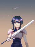  1girl armor black_hair breastplate dusk facing_viewer fire_emblem fire_emblem:_genealogy_of_the_holy_war gloves highres holding holding_sword holding_weapon larcei_(fire_emblem) purple_tunic shooting_star short_hair shoulder_armor sidelocks sky solo star_(sky) starry_sky suu_(dsg4sak) sword tomboy tunic weapon 