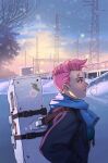  1girl blue_coat blue_scarf breath coat dawn eyebrow_cut from_side green_eyes highres lamppost light_blush looking_afar overwatch parted_lips pink_hair power_lines scar scar_on_face scarf short_hair shroedinger snow solo sunrise transmission_tower very_short_hair winter winter_clothes zarya_(overwatch) 